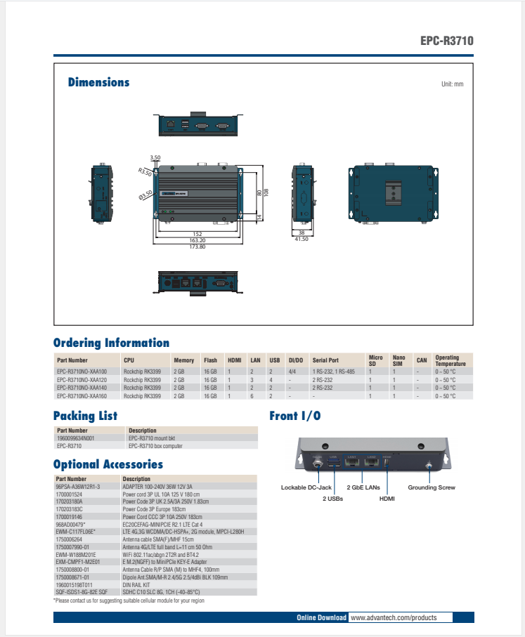 研華EPC-R3710 Rockchip RK3399 Cortex-A72 UIO40-Express Edge AI 工控整機(jī)， 4K display， 2xLan，