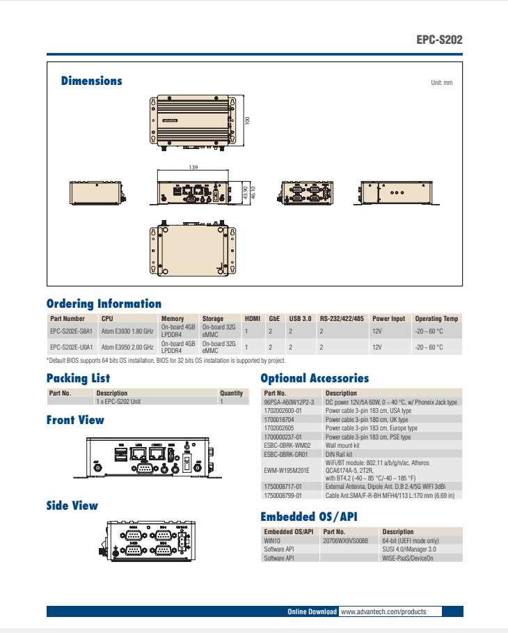 研華嵌入式工控機(jī)EPC-S202 Intel? Atom? E3900 series Embedded SBC Fanless Slim System