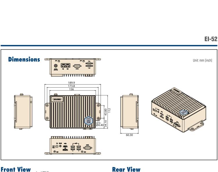 研華EI-52 研華EI-52，邊緣計算系統(tǒng)，支持 Intel 11th gen CPU，可選 Core i5 /i3 /Celeron 處理器，具備豐富擴(kuò)展接口 2 x LAN，2 x COM，6 x USB等，內(nèi)部可以通過 miniPCIe 或 M.2 擴(kuò)展AI加速卡實現(xiàn)工業(yè)AI機(jī)器視覺，搭載5G通訊模塊。