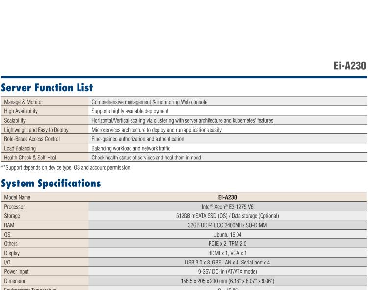 研華EI-A230 研華 EI-A230，邊緣計算系統(tǒng)服務(wù)器，搭載Intel Xeon E3-1275 V6 CPU，32GB RAM，512GB mSATA SSD，1T HDD *2，預(yù)裝Ubuntu 16.04操作系統(tǒng)。