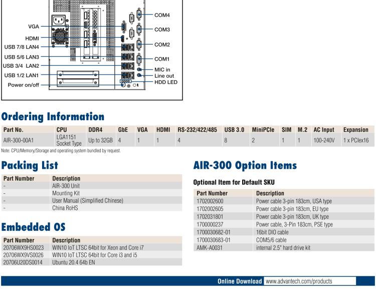 研華AIR-300 支持Intel Xeon / 6/7代Core?i3/i5/i7處理器，AI計算平臺，可擴展 PCIe x16 GPU全尺寸卡