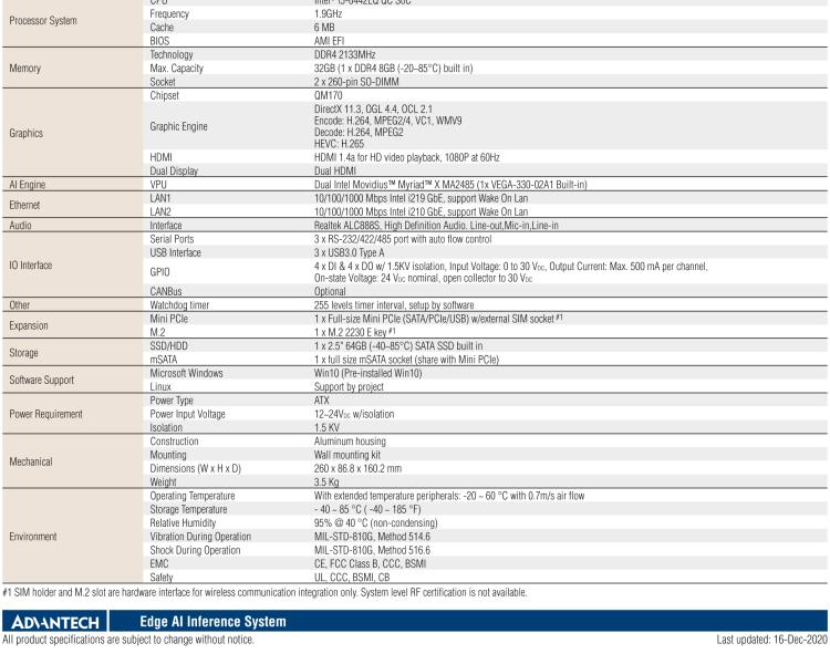 研華AIR-200 基于Intel Core i5-6442EQ處理器，AI計算平臺，內(nèi)置Myriad X VPU * 2