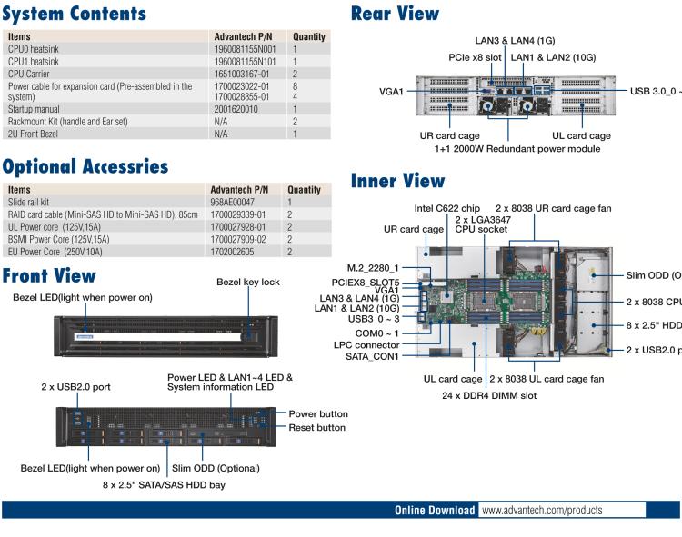 研華SKY-6200 2U 機(jī)架式 GPU 服務(wù)器,搭載Intel? Xeon?Scalable 處理器 支持4 x PCIe x16 雙層FH/FL卡或者8 x PCIe x8 單層 FH/FL卡