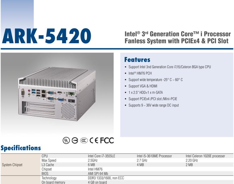 研華ARK-5420 Intel? 第三代 Core? i 處理器無風(fēng)扇嵌入式工控機(jī)，支持 PCIEx4 & PCI