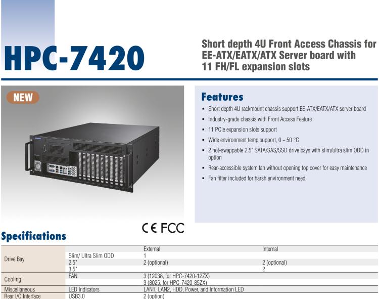 研華HPC-7420 用于EE-ATX/EATX/ATX主板的4U 短深度服務器機箱，帶有11個FH/FL擴展插槽