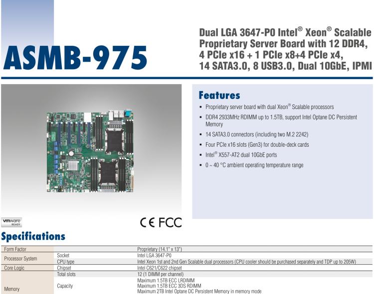 研華ASMB-975 雙路LGA3647-P0 Intel? Xeon? Scalable 服務器主板，帶12個 DDR4, 4個 PCIe x16 + 1個 PCIe x8 + 4 個PCIx4, 14 個 SATA3, 8 個USB3.0, Dual 10GbE, IPMI