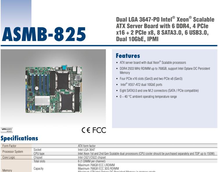 研華ASMB-825 雙路LGA 3647-P0 Intel? Xeon? Scalable ATX 服務(wù)器主板，帶6 個DDR4, 4 PCIe x16 和 2 個 PCIe x8, 8 個SATA3, 6 個USB3.0, Dual 10GbE, IPMI