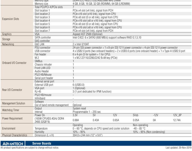 研華ASMB-805 LGA 2066 Intel? Xeon? W Workstation Motherboard with 8 DDR4, 3 PCIe x16, 7 SATA3, 8 USB3.0, IPMI