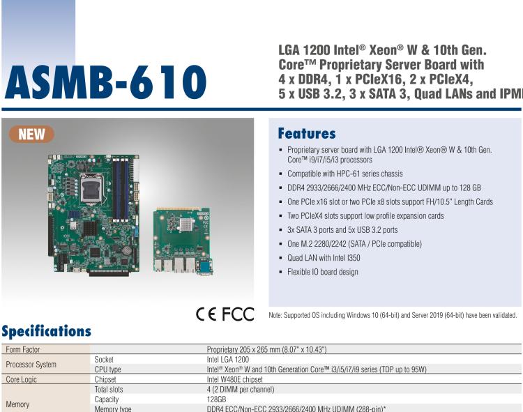 研華ASMB-610 LGA 1200 Intel? Xeon? W & 第十代 Core?專用服務(wù)器主板，帶4 x DDR4, 1 x PCIeX16, 2 x PCIeX4, 5 x USB 3.2, 3 x SATA 3, Quad LANs and和 IPMI