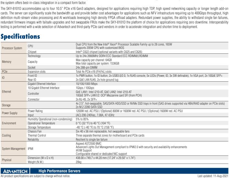 研華SKY-8101D Compact 1U High Performance Server based on Intel? Xeon? Processor Scalable Family