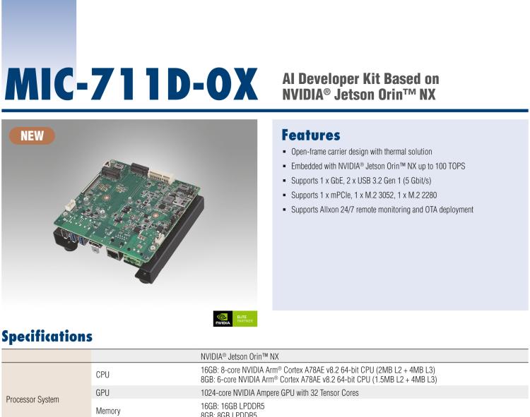 研華MIC-711D-OX MIC-711D-OX 是一款基于英偉達Jetson Orin NX 的 AI 開發(fā)套件，含有多個 I/O 接口，使客戶可以靈活開發(fā)新項目。