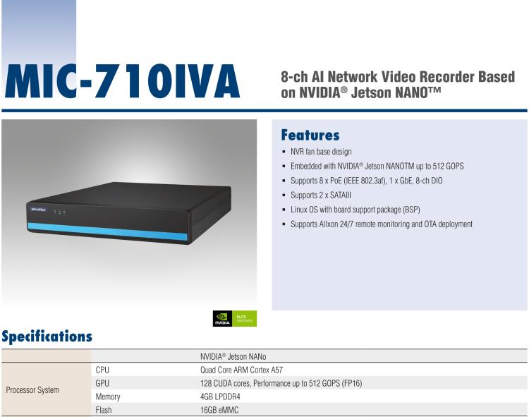 研華MIC-710IVA 基于 NVIDIA? Jetson Nano?平臺8ch AI網絡視頻記錄器