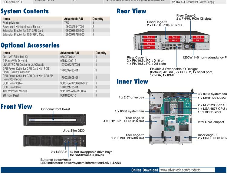 研華HPC-6240+ASMB-622V3 2U 20" Short-Depth Edge Accelerator Server with Single Intel? 4th Gen Xeon? Scalable Processors, Supporting 8 Expansion Slots