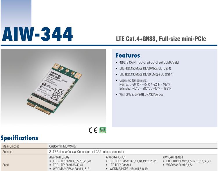 研華AIW-344 4G LTE CAT4：TDD LTE/FDD LTE/WCDMA/GSM和GPS。