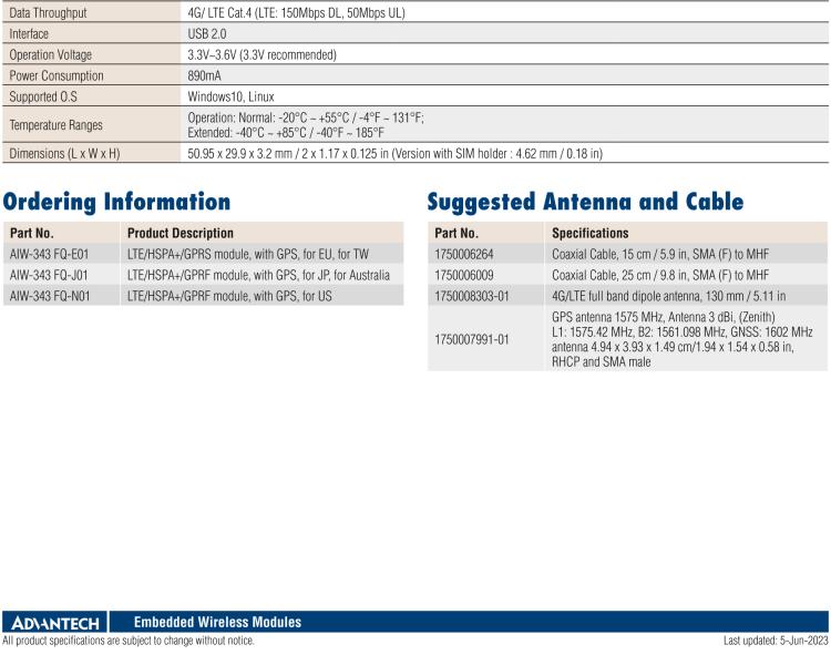 研華AIW-343 4G模組，使用MINI-PCIE規(guī)范接口，支持4G LTE CAT4：TDD LTE/FDD LTE/WCDMA/GSM和GPS。