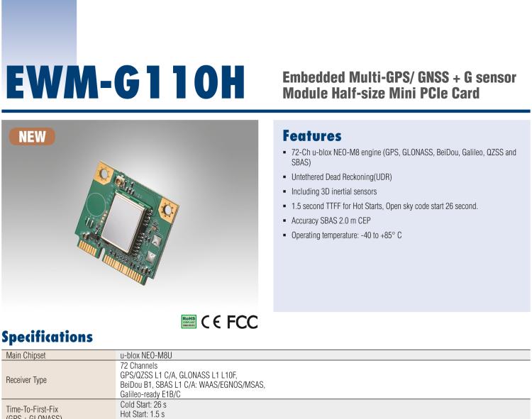 研華EWM-G110 Multi-GNSS (GPS、GLONASS、BeiDou、Galileo、QZSS 和 SBAS) +G-sensor 半尺寸 Mini PCIe 卡