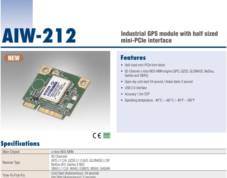 研華AIW-212 工業(yè)級(jí) GNSS（GPS、GLONASS、BeiDou、Galileo、QZSS和SBAS）模塊，半尺寸 mini-PCIe 規(guī)格。