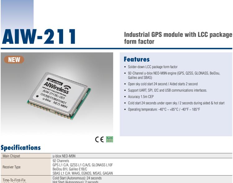 研華AIW-211 帶郵票型接口的工業(yè)級 GNSS（GPS、GLONASS、BeiDou、Galileo、QZSS和SBAS）模塊。