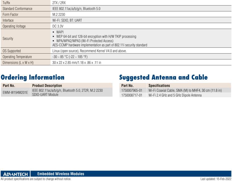 研華EWM-W195 IEEE802.11 ac/a/b/g/n + BT 5.0, M.2 2230, SDIO-UART