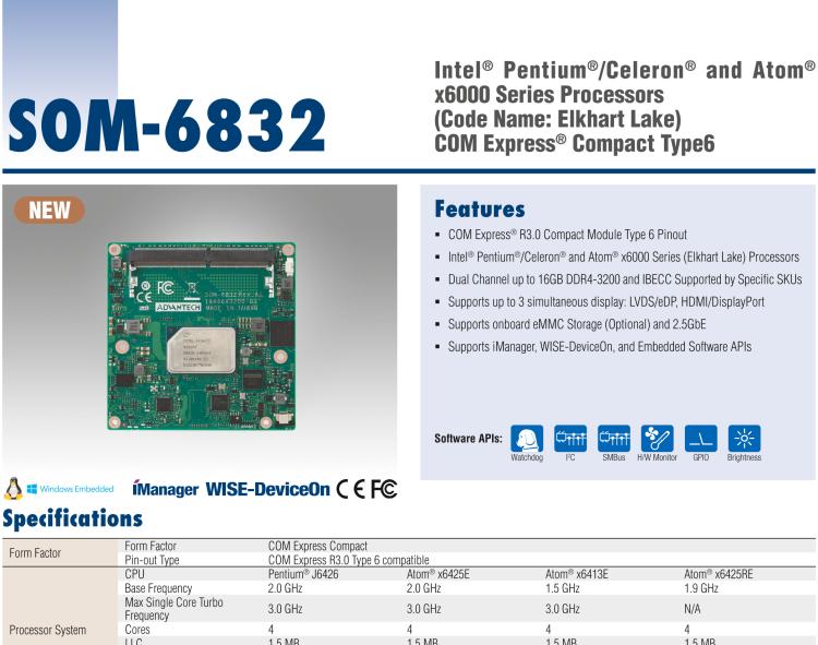 研華SOM-6832 Intel Pentium/Celeron 及 Atom x6000系列（Elkhart Lake）處理器，COM Express? Compact Type 6 模塊