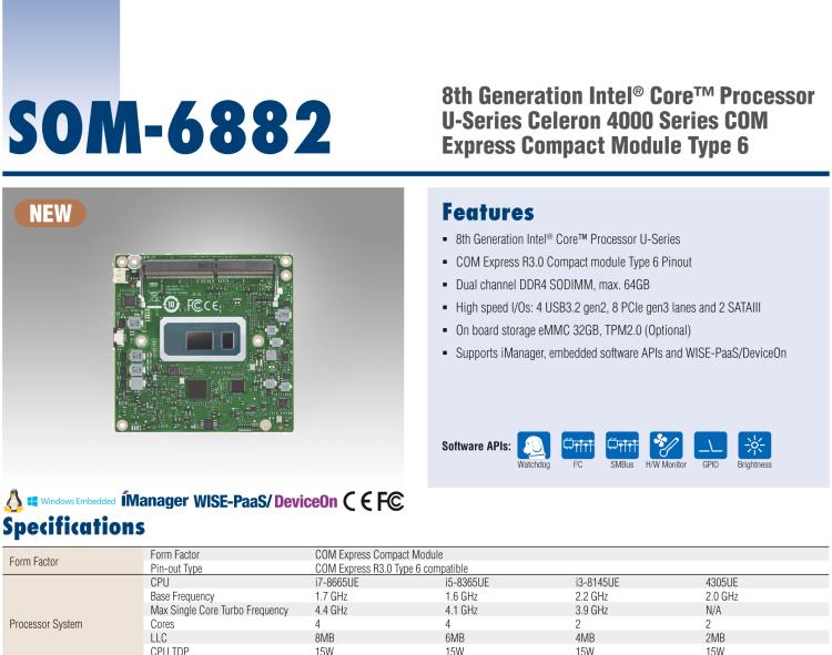 研華SOM-6882 第八代 Intel?Core 處理器，COM Express Compact R3.0 Type 6 模塊