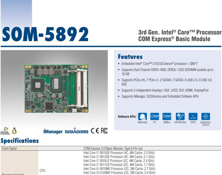 研華SOM-5892 Intel? Core? i7/i5/i3 處理器COM-Express Basic模塊