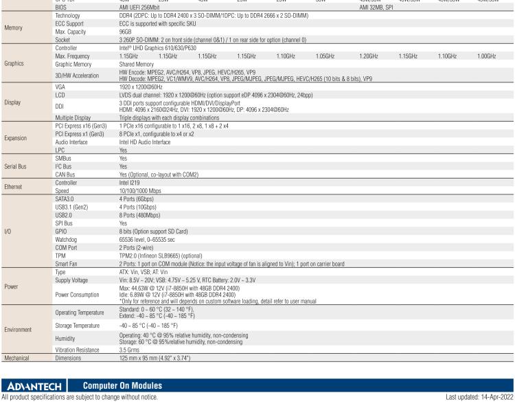 研華SOM-5899 第八代Intel Xeon/Core 處理器， COM Express Basic Type 6 模塊