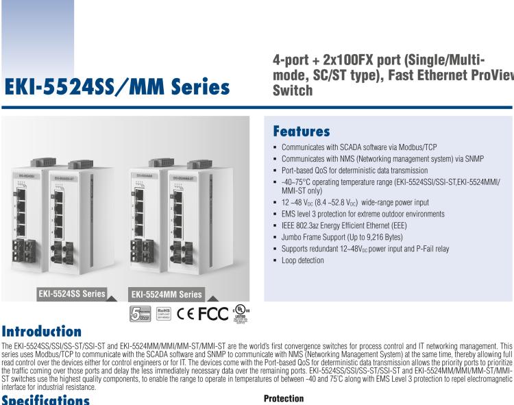 研華EKI-5524MMI 2光4電百兆ProView(組態(tài))系列工業(yè)以太網(wǎng)交換機(jī)(包含單模/多模、SC/ST接口)