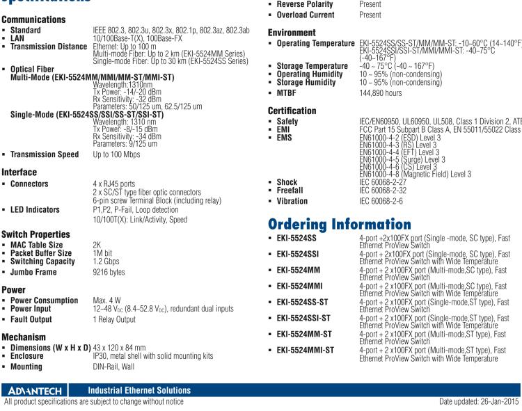 研華EKI-5524MMI 2光4電百兆ProView(組態(tài))系列工業(yè)以太網(wǎng)交換機(jī)(包含單模/多模、SC/ST接口)