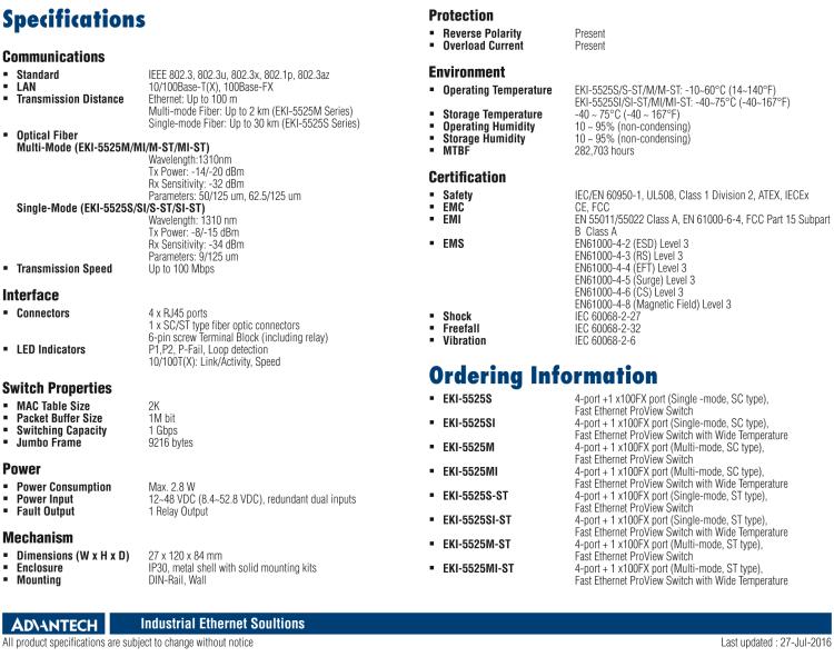 研華EKI-5525MI 1光4電百兆ProView(組態(tài))系列工業(yè)以太網(wǎng)交換機（包含單模/多模、SC/ST接口）