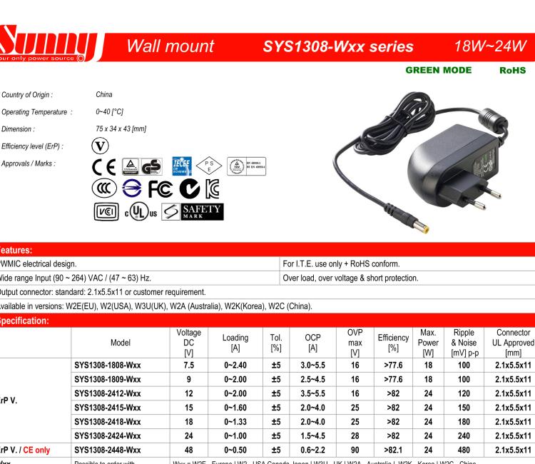 研華BB-RPS-MRT-EU Wall Power supply, ER75i SL, EU plug