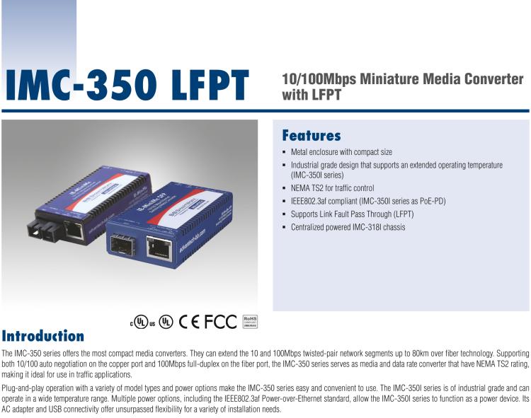 研華IMC-350I-M8ST-PS-A Mini Hardened Media Converter,100Mbps, Multimode 850nm, LFPT, 2km, ST, AC adapter