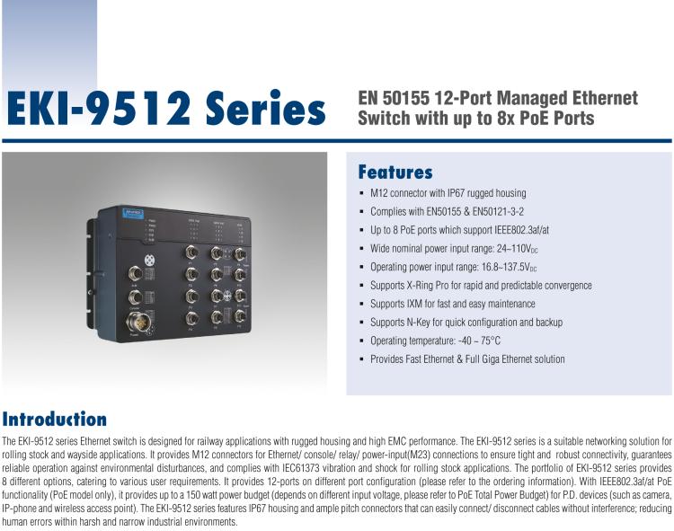 研華EKI-9512G-4GMX EN50155 Managed Ethernet Switch with 12GE, 24-110VDC