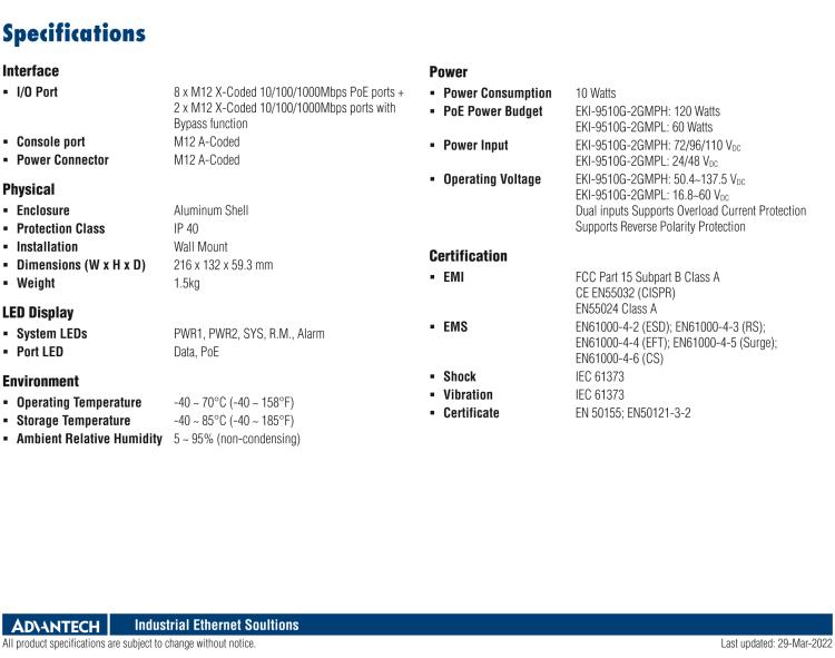 研華EKI-9510G-2GMPH EN50155 Managed PoE Ethernet Switch with 10xGE(2bypass), 72-110 VDC