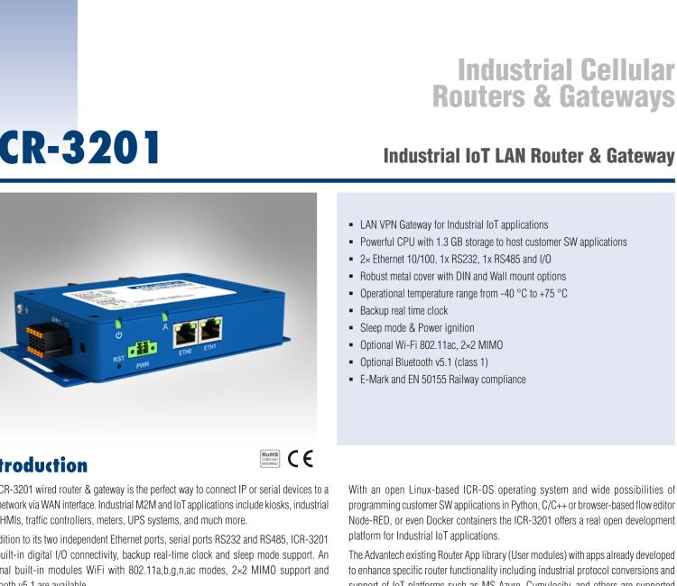 研華ICR-3201W ICR-3200, Global LAN, 2x Ethernet, 1x RS232, 1x RS485, Wi-Fi, Metal, Without Accessories