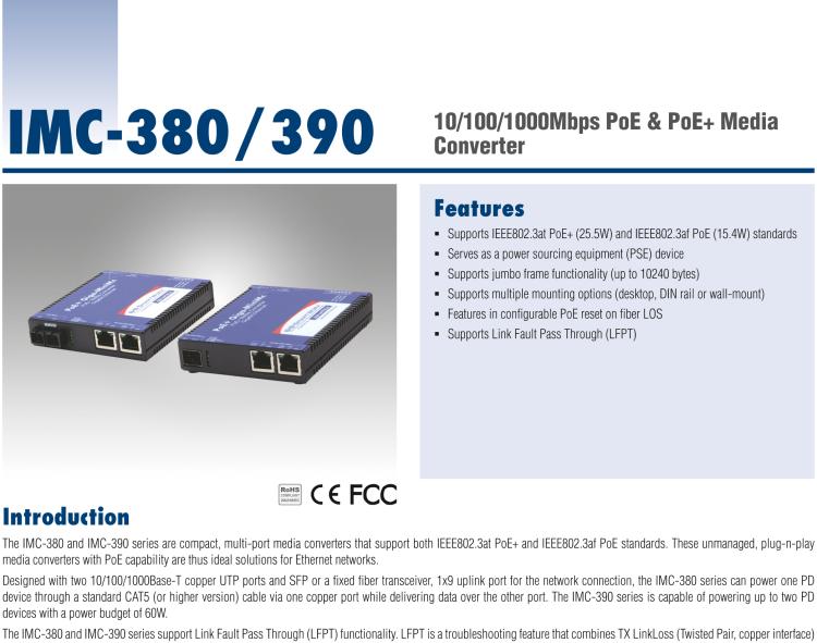 研華IMC-390-MM-PS Mini PoE+ Media Converter, 1000Mbps, Multimode 850nm, 550m, SC, AC adapter w/o power cord