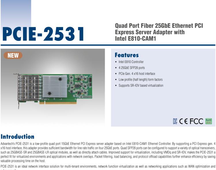 研華PCIE-2531 Quad Port Fiber 25GbE Ethernet PCI Express Server Adapter with Intel E810-CAM1