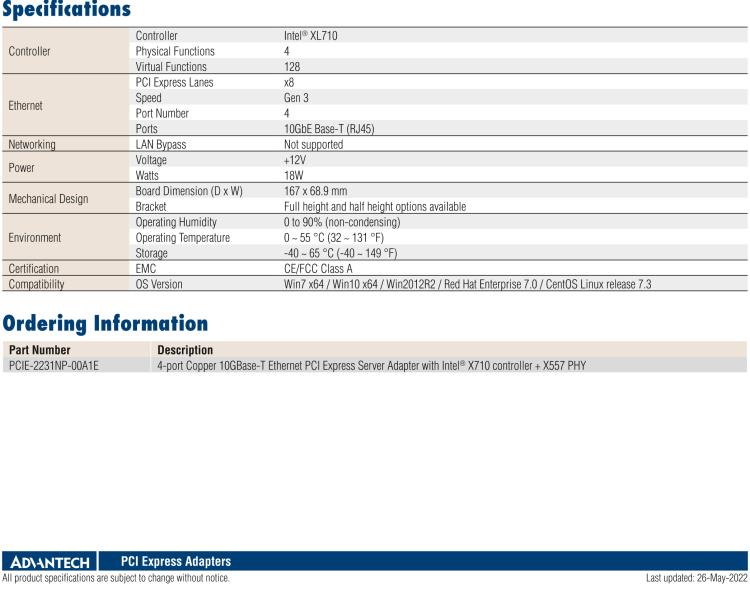 研華PCIE-2231 Quad Port Copper 10GBase-T Ethernet PCI Express Server Adapter with Intel? XL710-BM1