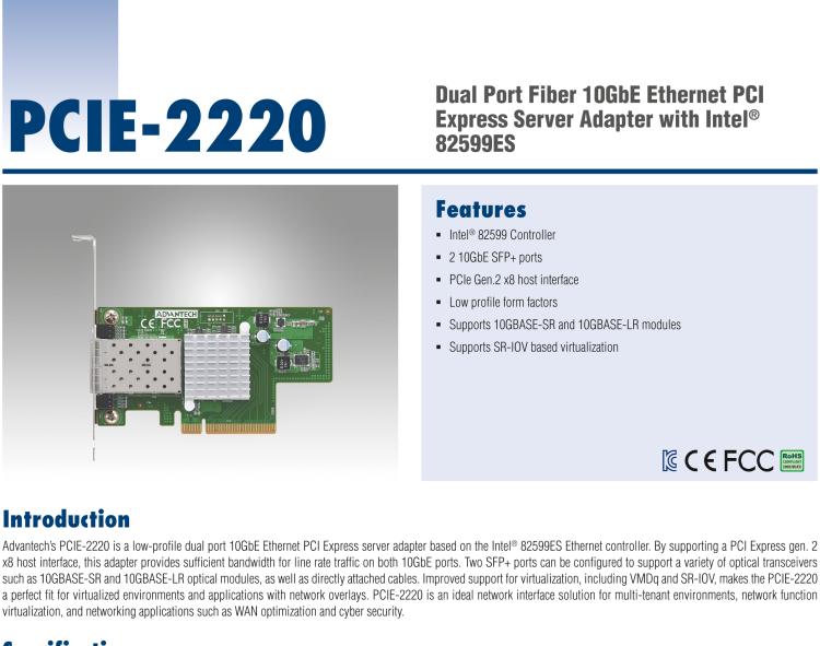 研華PCIE-2220 Dual Port Fiber 10GbE Ethernet PCI Express Server Adapter with Intel? 82599ES