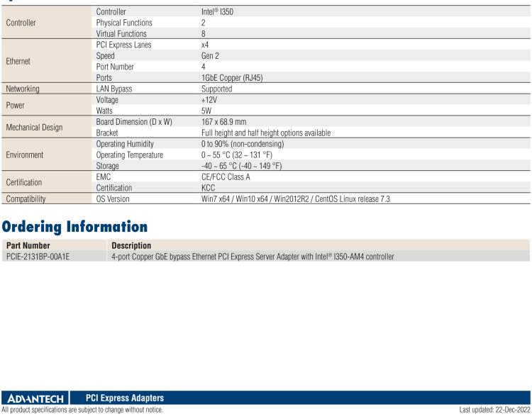 研華PCIE-2131BP Quad Port Copper Gigabit Bypass Ethernet PCI Express Server Adapter with Intel? I350