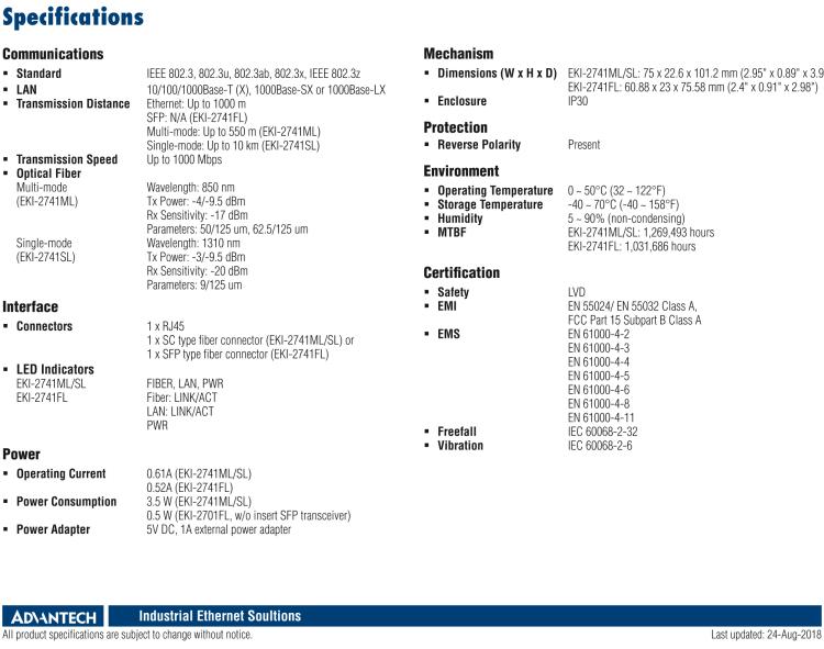 研華EKI-2741SL Media Converter, 1000Mbps, Single mode 1310nm, 10km, SC, AC adapter