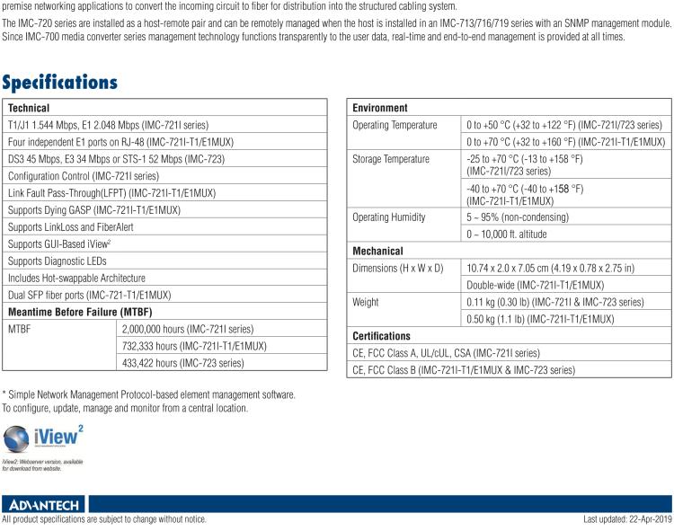 研華IMC-721I-SSET Managed Hardened Modular Media Converter, DS1, Single mode 1310xmt, 40km, SC (also known as iMcV 850-18124)