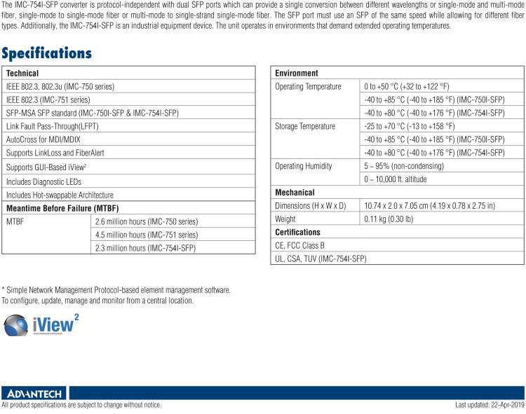 研華IMC-751-SSET Managed Modular Media Converter, 100Mbps, Single-Strand 1310xmt, 40km, SC (also known as iMcV 850-15635)