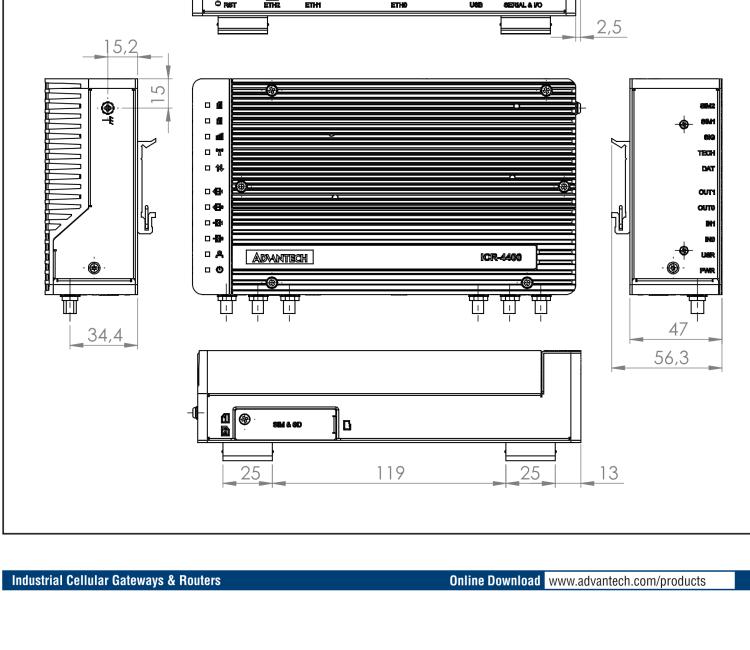 研華ICR-4434W ICR-4400, GLOBAL, 5x Ethernet, 1x RS232, 1x RS485, CAN, Wi-Fi, SFP, USB, SD, Without Accessories