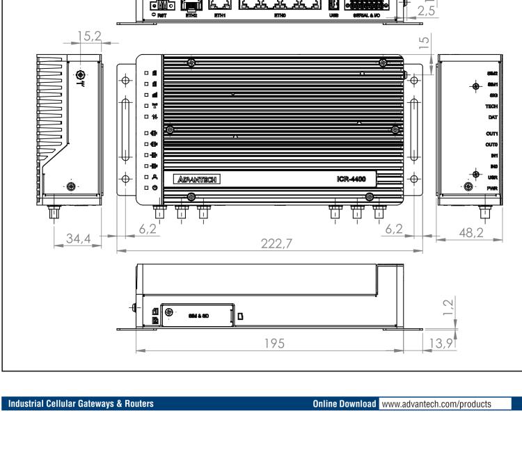 研華ICR-4434W ICR-4400, GLOBAL, 5x Ethernet, 1x RS232, 1x RS485, CAN, Wi-Fi, SFP, USB, SD, Without Accessories