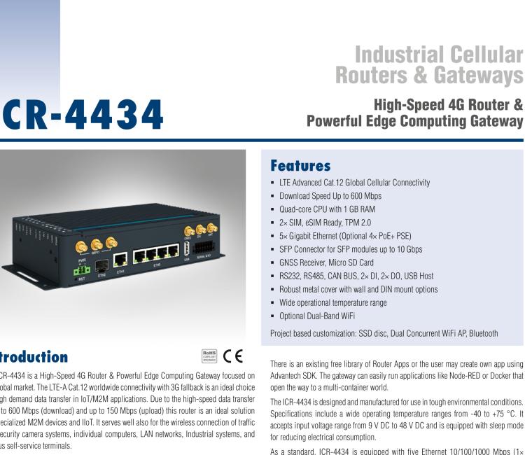 研華ICR-4434 ICR-4400, GLOBAL, 5x Ethernet, 1x RS232, 1x RS485, CAN, SFP, USB, SD, Without Accessories