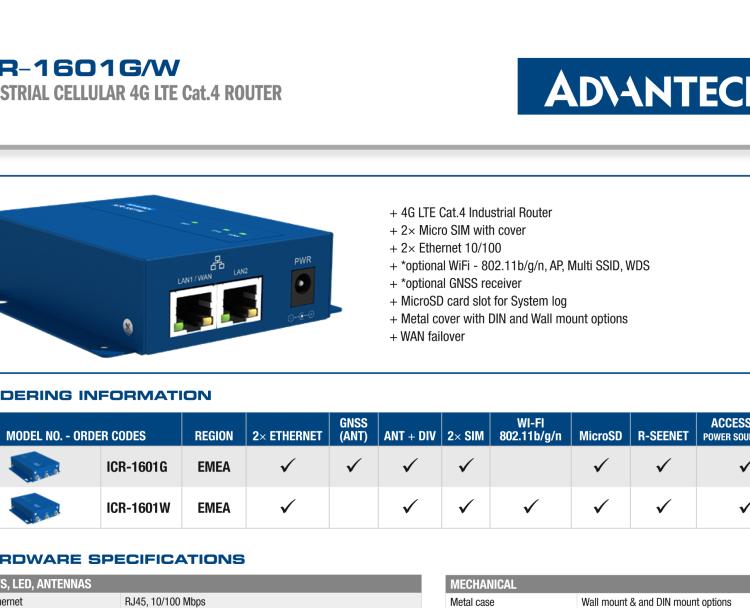 研華ICR-1601W ICR-1600, EMEA/LATAM/APAC, 2x Ethernet, Wi-Fi, Metal, Without Accessories