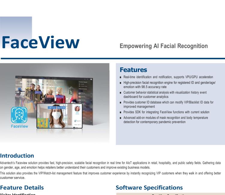 研華FaceView 研華 DeviceOn.FaceView是基于研華 IoT 設(shè)備的人臉識別軟件，支持性別、年齡、情感的數(shù)據(jù)收集，支持VPU/GPU加速。FaceView軟件在最新版本中正確識別率提升到了99.7%，可以支持遮擋檢測，也就是是否正確佩戴口罩，再搭配專業(yè)測溫攝像頭情況下，可以實現(xiàn)測量體溫。