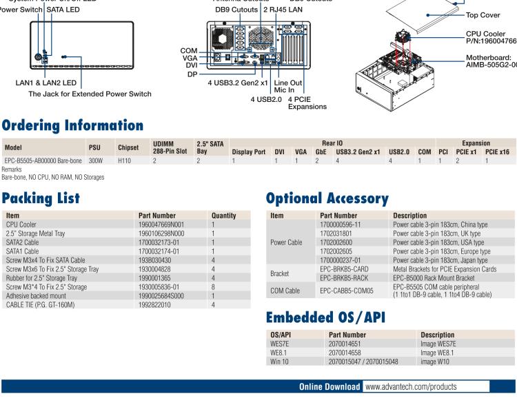 研華EPC-B5505 適配Intel? 第6/7代 Core ? i/Xeon E3系列處理器，搭載H110芯片組。標(biāo)準(zhǔn)4U上架，廣泛適用于各種行業(yè)。