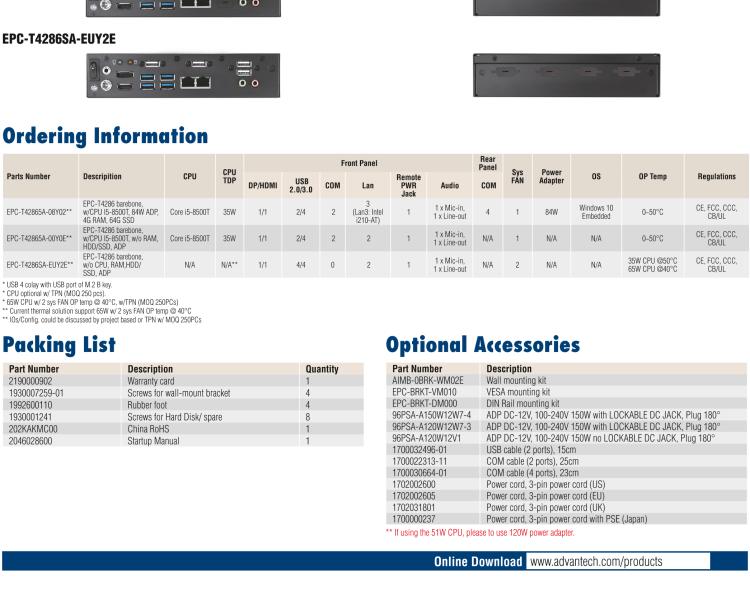 研華EPC-T4286 適配Intel? 第8/9代 Core? i 系列處理器，搭載H310芯片組。1U超薄高度，性能強勁。